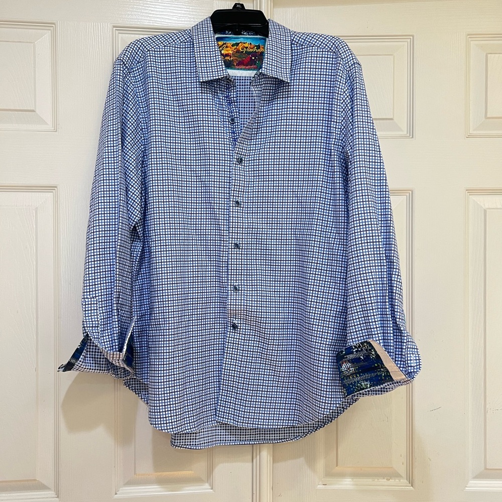 ROBERT GRAHAM Mens Size XL Blue Geometric Button Up Dress SHIRT Floral Trim